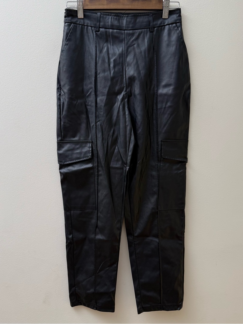 SHEIN Black Faux Leather Cargo Trousers